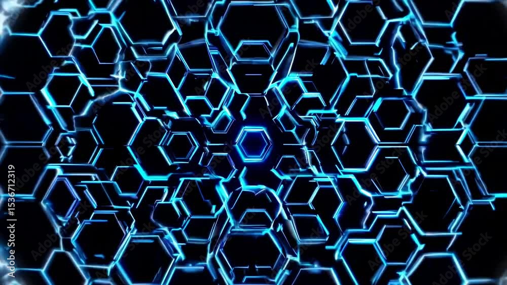 Complex hexagonal grid pattern with bright blue neon light glowing and moving on black background, creating a futuristic technological or scientific concept