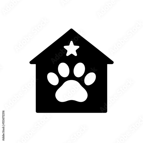 House with paw and star – represents pet hotel or shelter, solid icon