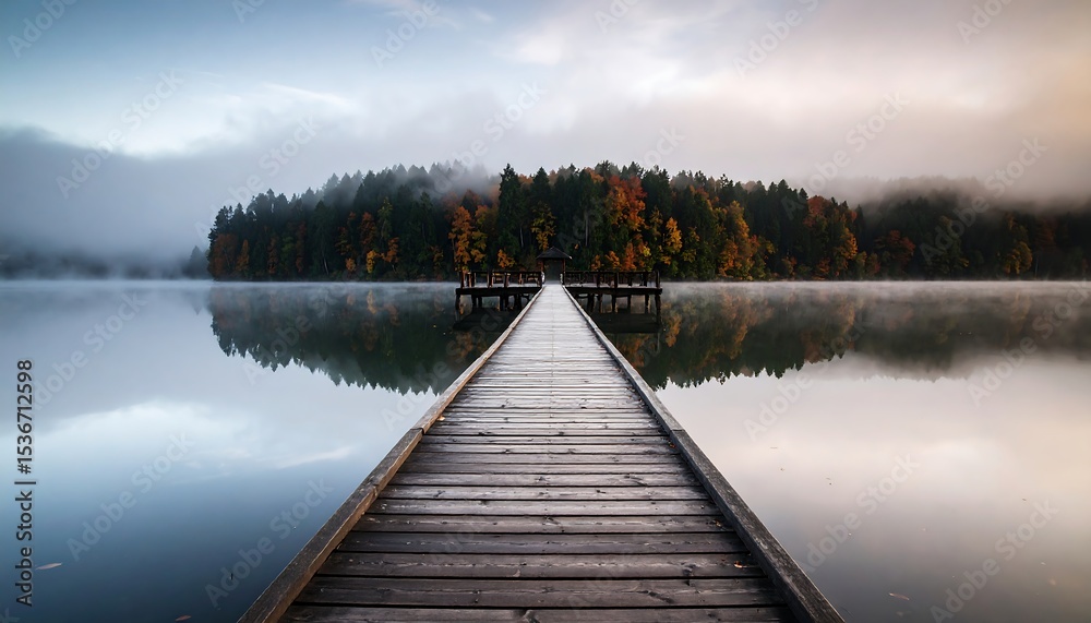 Naklejka premium Misty Autumn Pier Serene Lake Landscape Photography