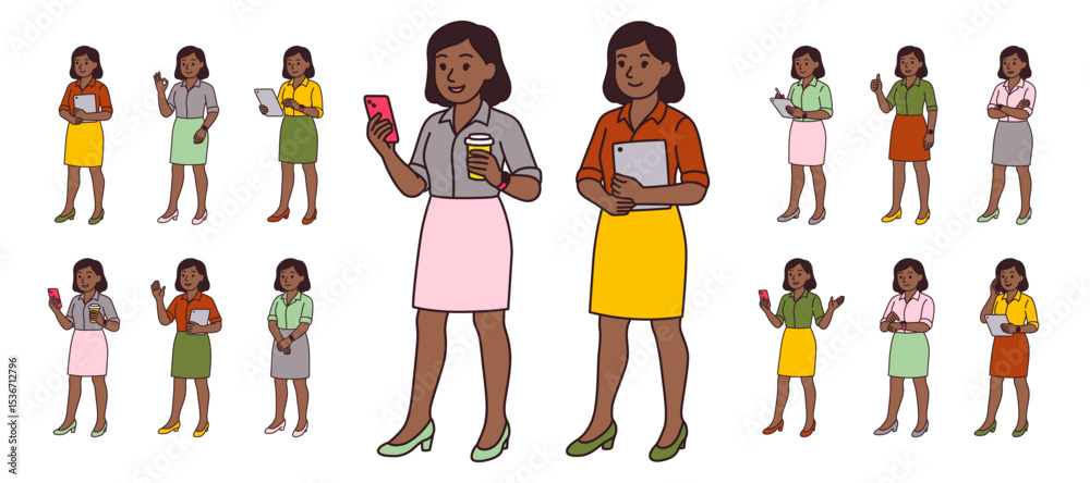 Fototapeta premium Set of full-length illustrations of dark-skinned businesswomen in office skirts and blouses using devices, holding coffee, gesturing, and smiling. Modern cartoon vector characters on white background