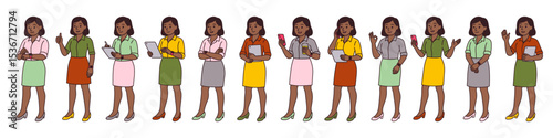 Set of full-length illustrations of dark-skinned businesswomen in office skirts and blouses using devices, holding coffee, gesturing, and smiling. Modern cartoon vector characters on white background