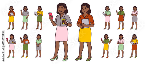 Set of full-length illustrations of dark-skinned businesswomen in office skirts and blouses using devices, holding coffee, gesturing, and smiling. Modern cartoon vector characters on white background