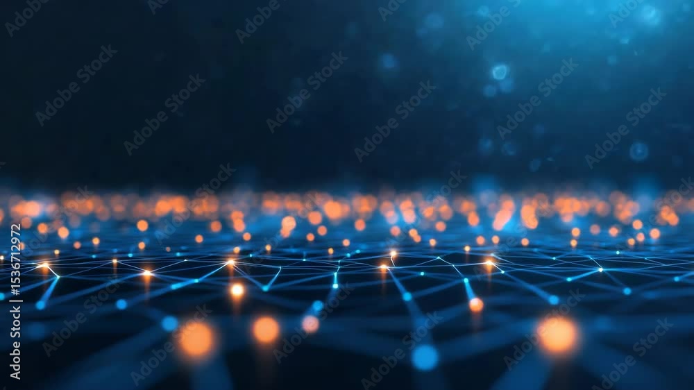 Digital network connection with glowing nodes and lines in blue and orange colors creating futuristic technology background with vibrant points and dynamic sense of depth and complexity
