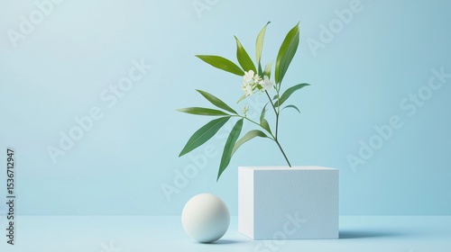 Green plant in white cubic vase on minimalist pastel background for modern clean home decor scene
