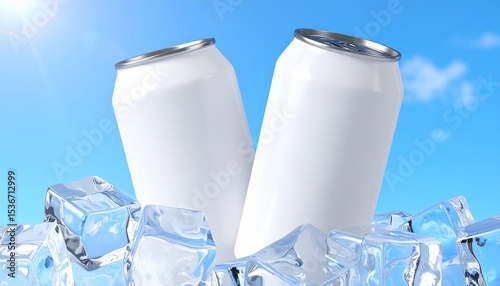 Dos latas de refresco blancas se encuentran entre brillantes cubitos de hielo, reflejando la luz del sol. El cielo azul brillante crea un fondo veraniego perfecto,