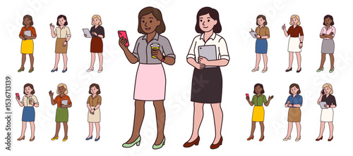 Set of diverse modern office women in skirts and blouses using smartphones, tablets, and laptops. Cartoon full-body vector characters in various poses on white background