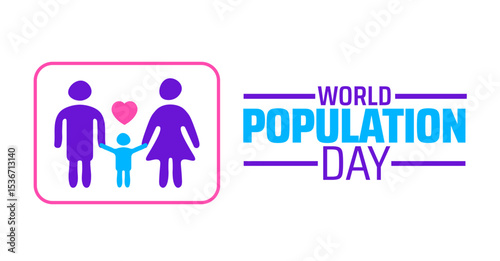 World Population Day background or banner design.  Stylized Family Icon Parents and Child with Heart on White Background, Symbolizing Demographics and Global Community.
