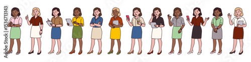 Set of diverse modern office women in skirts and blouses using smartphones, tablets, and laptops. Cartoon full-body vector characters in various poses on white background