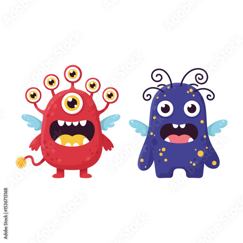 A set of funny cartoon monster characters, perfect for Halloween, featuring cute red creatures, and alien bugs