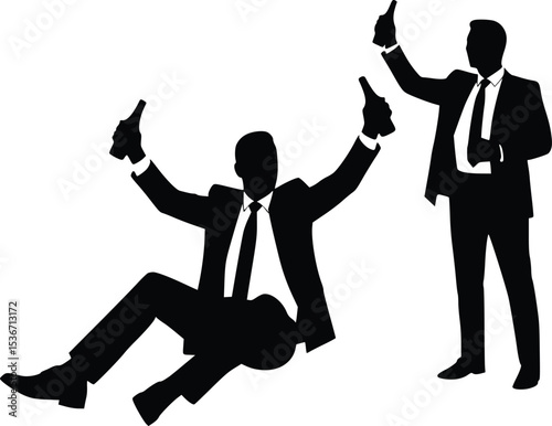 Silhouette illustration of business people celebrating success, collaboration, and shared enthusiasm