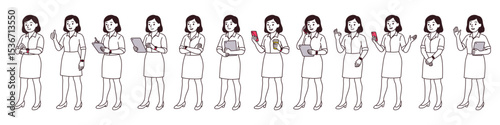 Hand-drawn set of office women in professional skirts using gadgets. Diverse character poses in clean line art style. Perfect for business illustrations and UI concepts on white background