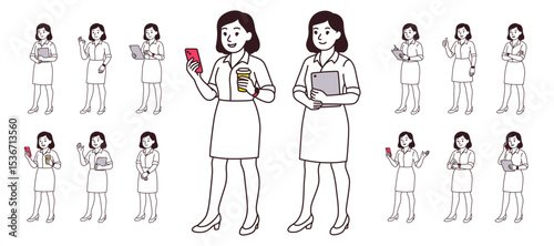 Hand-drawn set of office women in professional skirts using gadgets. Diverse character poses in clean line art style. Perfect for business illustrations and UI concepts on white background