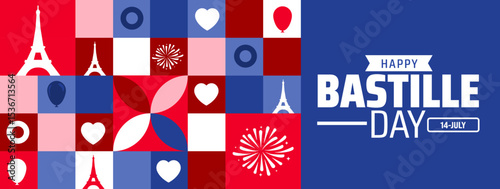 Happy Bastille Day background or banner design. French Flag Colors with Eiffel Towers, Hearts, Balloons, and Fireworks in a Dynamic Tiled Pattern.