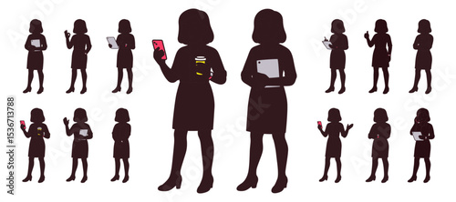 Silhouettes of business women using mobile devices and working with tablets. Modern professional characters in formal skirts. Clean black figures isolated on white background for UI and presentation