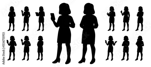 Silhouettes of professional business women in dresses using mobile devices and tablets. Modern corporate characters in various poses. Black vector illustration shapes isolated on white background 