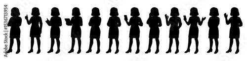 Silhouettes of professional business women in dresses using mobile devices and tablets. Modern corporate characters in various poses. Black vector illustration shapes isolated on white background 