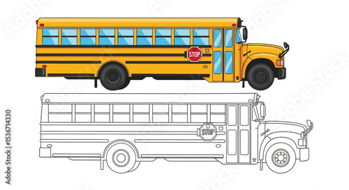 Colored and Outline School Buses Coloring Page Transportation Education Fun