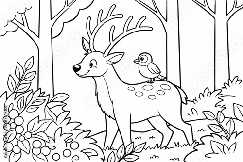 coloring page of a friendly deer with large antlers, standing among tall trees and bushes with berries, a small bird is perched on its back, thick bold lines, simple for kids