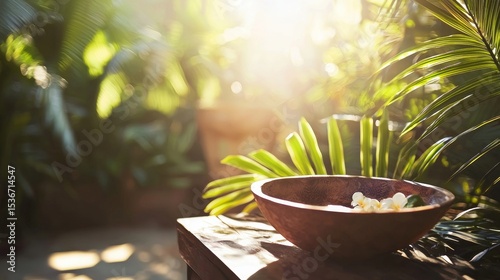 Wooden bowl with herbs in sunlight for natural wellness spa herbal therapy garden scene