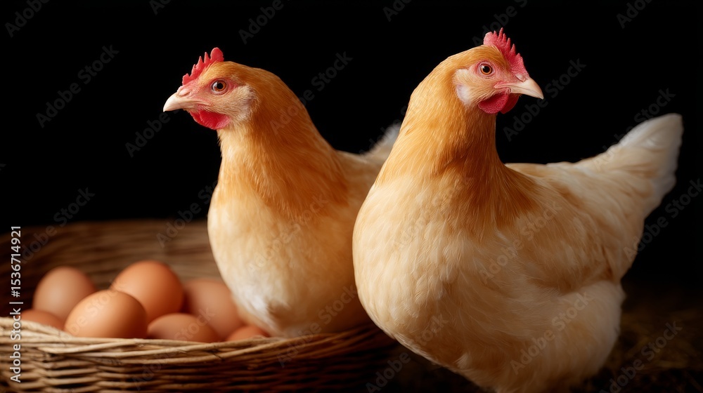 Fototapeta premium Two beautiful hens stand beside a basket filled with fresh eggs. Their vibrant feathers and bright red combs add color to this serene scene. Perfect for agricultural and farm-themed projects. AI