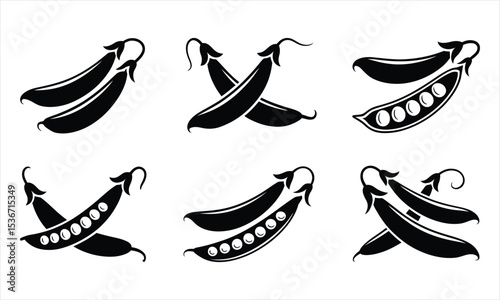 Six black and white pea pod illustrations