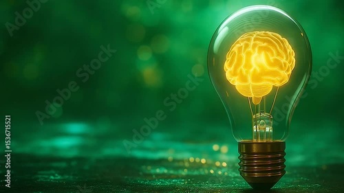 Glowing light bulb with a human brain inside, smart idea concept against a blurry blue digital background, loop video, 4k.
