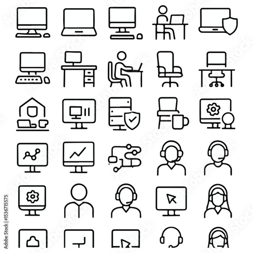 Remote Work and Office Line Icons Set – Computer, Support, Desk, Communication Symbols

