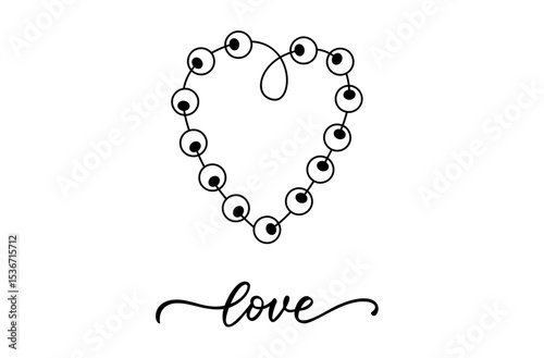 Love symbol with beads arranged and text line drawing isolated on white background - vector illustration