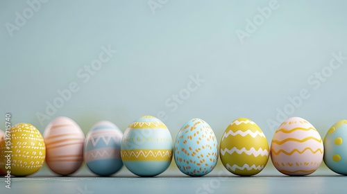 Colorful Decorative Eggs Lined Up on Light Background