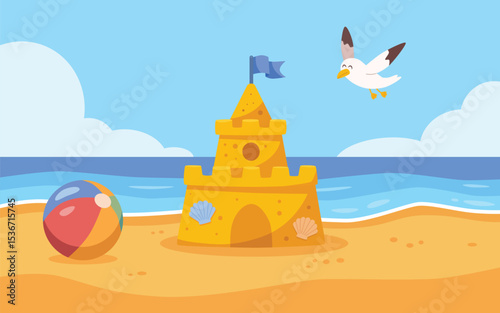 Colourful sandcastle on sunny beach