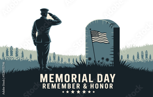 Memorial Day Salute at Military Cemetery Illustration, Crosses at War Graveyard with Veteran Tribute Scene, Memorial Day Soldier Tribute Silhouette Illustration.