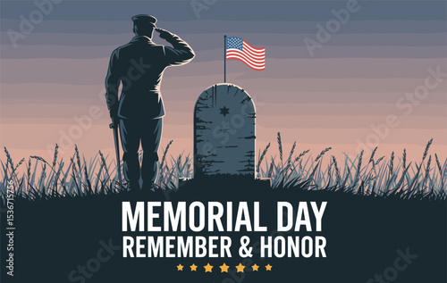 Memorial Day Salute at Military Graveyard Illustration, Patriotic Soldier Honoring Fallen Heroes with Flags, Veteran Tribute Artwork with Gravestones and American Flags.
