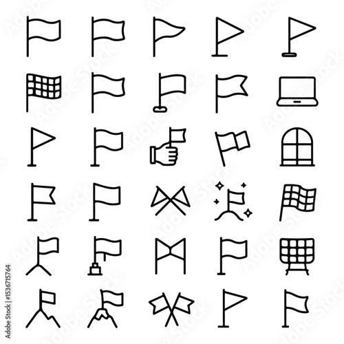 Flag Line Icons Set – Minimal Outline Symbols of Flags, Markers, and Signals

