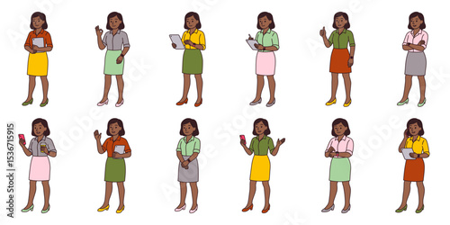 Set of full-length illustrations of dark-skinned businesswomen in office skirts and blouses using devices, holding coffee, gesturing, and smiling. Modern cartoon vector characters on white background