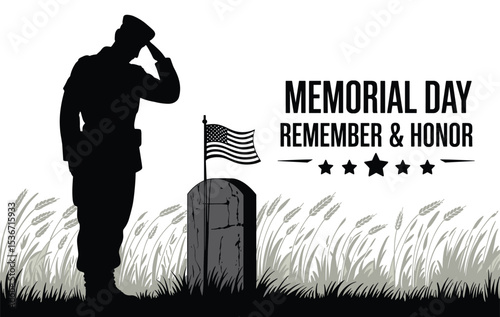 Memorial Day Salute at Military Cemetery Illustration, Crosses at War Graveyard with Veteran Tribute Scene, Memorial Day Soldier Tribute Silhouette Illustration.