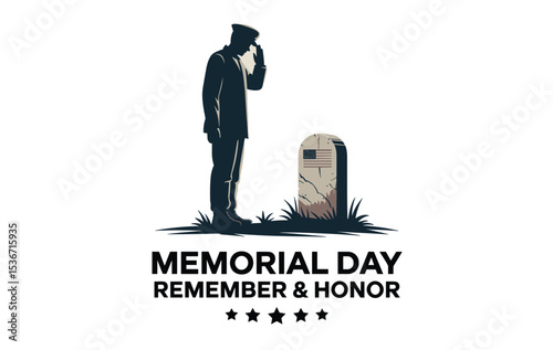 Memorial Day Salute at Military Cemetery Illustration, Crosses at War Graveyard with Veteran Tribute Scene, Memorial Day Soldier Tribute Silhouette Illustration.
