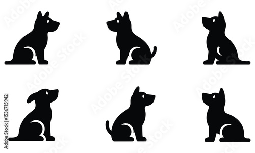 Six simple black silhouettes of sitting dogs