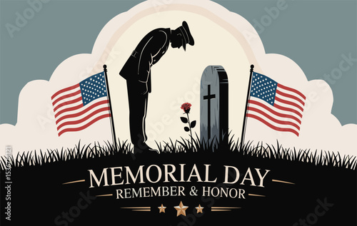 Memorial Day Salute at Military Graveyard Illustration, Patriotic Soldier Honoring Fallen Heroes with Flags, Veteran Tribute Artwork with Gravestones and American Flags.