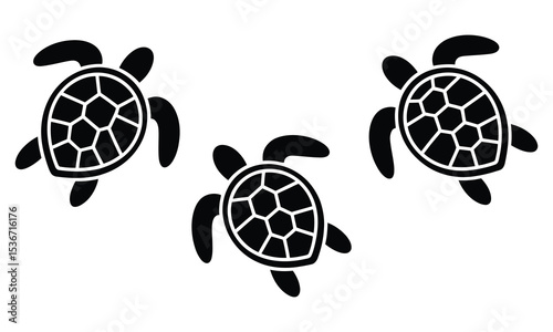Three black silhouette sea turtles swimming