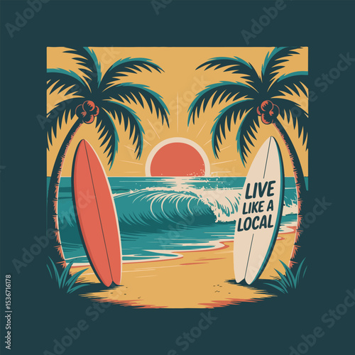 A vibrant vector illustration of a tropical beach sunset, featuring a surfboard resting on the sand and a silhouette of a surfer enjoying the summer sea