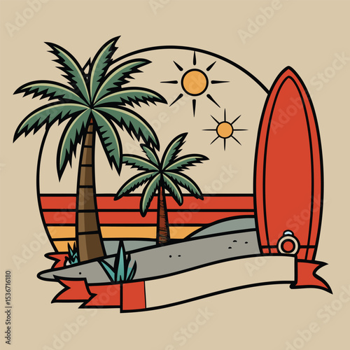 A vibrant vector illustration of a tropical beach sunset, featuring a surfboard resting on the sand and a silhouette of a surfer enjoying the summer sea