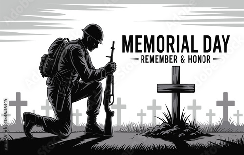 Memorial Day Soldier Tribute Silhouette Illustration, Fallen Hero Graveyard Scene with Rifle and Helmet, Remember and Honor Military Commemoration Poster.