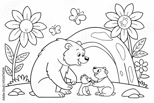 coloring page of a happy bear family, a papa bear, a mama bear, and a baby bear, sitting in front of a simple cave, surrounded by big flowers and friendly butterflies, thick bold lines, simple for kid