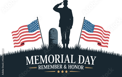Memorial Day Salute at Military Graveyard Illustration, Patriotic Soldier Honoring Fallen Heroes with Flags, Veteran Tribute Artwork with Gravestones and American Flags.