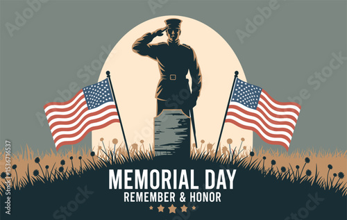 Memorial Day Salute at Military Graveyard Illustration, Patriotic Soldier Honoring Fallen Heroes with Flags, Veteran Tribute Artwork with Gravestones and American Flags.