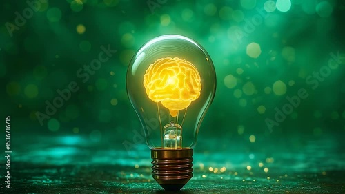 Glowing light bulb with a human brain inside, smart idea concept against a blurry blue digital background, loop video, 4k.