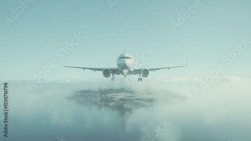 Airplane soaring above misty clouds and remote island landscape photo