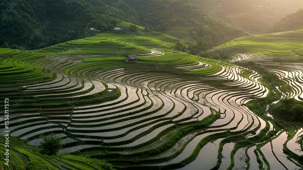custom made wallpaper toronto digitalAerial View of Lush Green Terraced Rice Fields Reflecting Sunlight During Morning in Rural Landscape