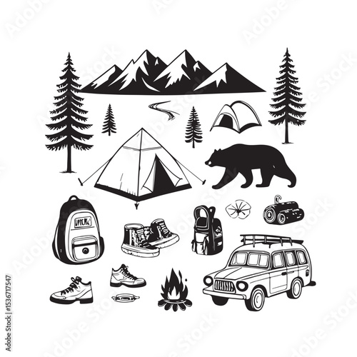 Camping Sketch Icon Collection, Hand-Drawn Wilderness Exploration Stickers, Vector Hiking and Mountain Gear. Adorable Bear Logo, Outdoor Adventure Emblem Design, Bonfire, Rucksack, Shelter Tent.