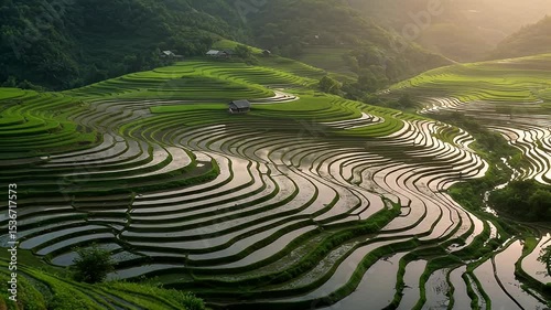 Wallpaper Mural Aerial View of Lush Green Terraced Rice Fields Reflecting Sunlight During Morning in Rural Landscape Torontodigital.ca